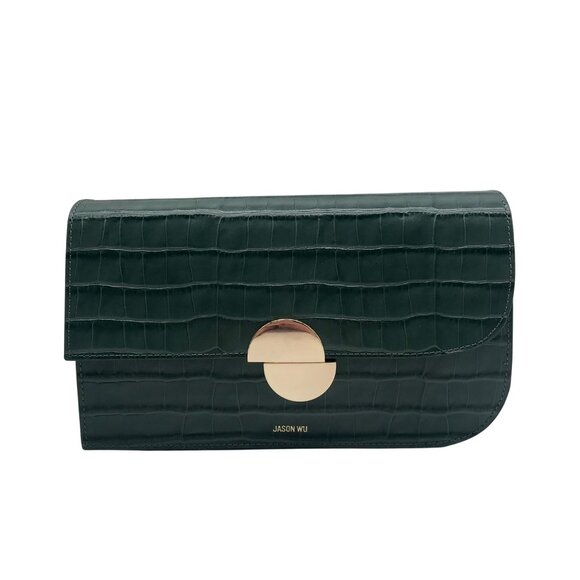 Jason Wu Sage Leaf Croc Embossed Orbit Leather Clutch